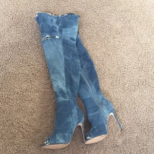 Thigh high denim heeled boots